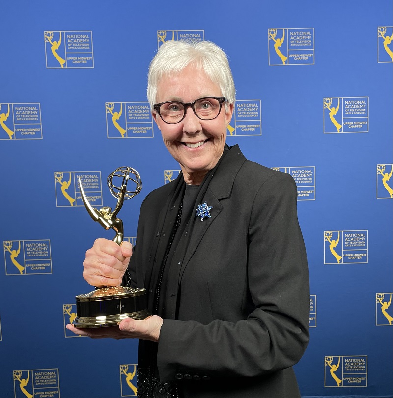 Gail Shore holding Emmy Award 2023